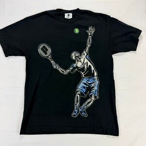 Warren Lotas Tennis Graphic T-Shirt Black Vintage Style Medium 100% Cotton USA‎
